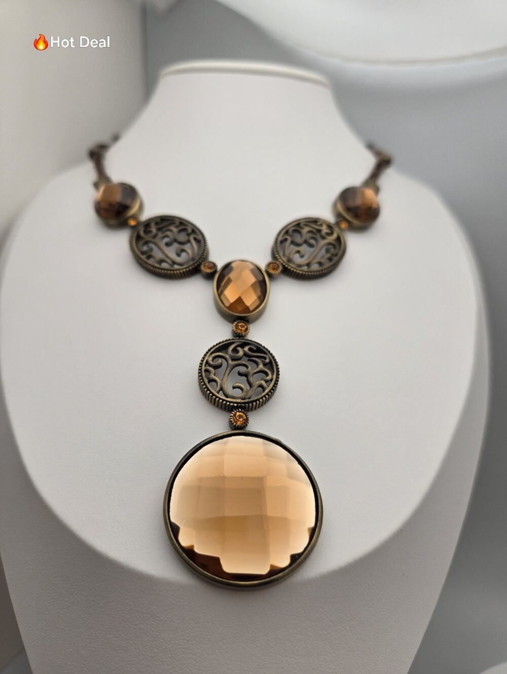 Butler FAC Amber Glass Teardrop Statement Necklace Bronze Tone 16"+2" Vintage